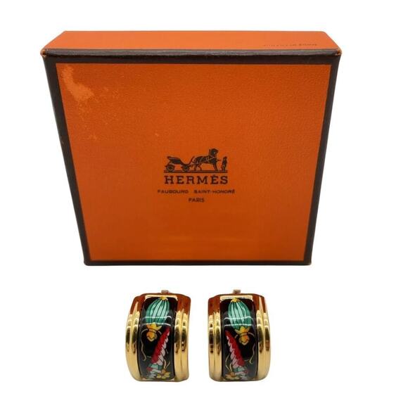 Hermes Enamel Cloisonne Clip On Blue Gold Earrings W/Box